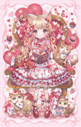 Rule 34 | 1girl, animal, animal ear fluff, animal ears, armchair, book, brown eyes, brown hair, cat, cat ears, chair, cherry, closed mouth, commentary, dress, english commentary, envelope, flower, food, frilled dress, frills, fruit, hair flower, hair ornament, heart, heart background, heart hair ornament, heart print, highres, holding, holding book, letter, long hair, long sleeves, looking at viewer, love letter, mixing bowl, mouse (animal), mouth hold, nail polish, on chair, open book, original, pink background, polka dot, polka dot legwear, print dress, red footwear, red nails, shirosaki london, shoes, sitting, sleeves past wrists, solo, spatula, strawberry, two-tone background, valentine, very long hair, whisk, white background, white dress, white flower, white legwear, x hair ornament