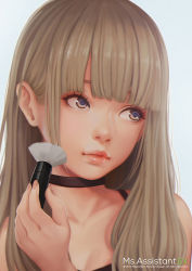Rule 34 | 1girl, blonde hair, brown eyes, camisole, choker, closed mouth, holding, holding brush, lips, looking to the side, magion02, makeup brush, ms.assistant, solo, white background