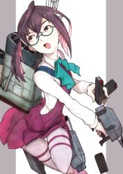 Rule 34 | 10s, 1girl, ahoge, bad id, bad pixiv id, boushi-ya, glasses, highres, kantai collection, machinery, magazine (weapon), okinami (kancolle), one side up, open mouth, pantyhose, pleated skirt, school uniform, simple background, skirt, solo, turret
