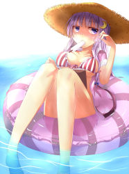 Rule 34 | 1girl, afloat, bikini, book, breasts, crescent, food, front-tie top, hat, innertube, large breasts, long hair, mouth hold, open book, patchouli knowledge, popsicle, purple eyes, purple hair, ram hachimin, solo, straw hat, striped bikini, striped clothes, sun hat, swim ring, swimsuit, touhou, underboob, vertical-striped bikini, vertical-striped clothes, water