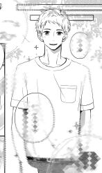 Rule 34 | 1boy, arms at sides, blurry, breast pocket, collarbone, commentary, diamond (shape), dotted line, greyscale, highres, looking at viewer, male focus, monochrome, open mouth, original, pants, patterned background, pocket, rectangle, saitou shiori (pixiv14549321), screentones, shirt, short bangs, short hair, short sleeves, smile, solo, t-shirt, teeth, upper body, upper teeth only