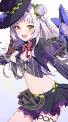 Rule 34 | 1girl, :d, black hat, black skirt, bow, bowtie, breasts, brown gloves, capelet, cowboy shot, crop top, gloves, hair bun, hair ornament, hat, highres, hololive, long hair, long sleeves, looking at viewer, magic circle, midriff, miniskirt, murasaki shion, murasaki shion (1st costume), navel, ohihil, open mouth, orange eyes, purple shirt, shirt, single hair bun, skirt, small breasts, smile, solo, standing, stomach, striped clothes, striped shirt, thigh strap, virtual youtuber, wand, white hair, witch hat