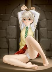 Rule 34 | 1girl, absurdres, arms up, barefoot, bdsm, blush, bondage, bound, bound arms, bound wrists, breasts, brick wall, closed mouth, collared shirt, crotch seam, feet, green eyes, highres, kairunoburogu, long sleeves, maka albarn, medium hair, necktie, panties, plaid, plaid skirt, red skirt, restrained, rope, school uniform, shirt, sitting, skirt, small breasts, solo, soul eater, twintails, underwear, vest, white panties, white shirt
