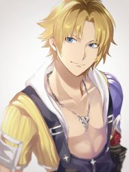 Rule 34 | 1boy, bad id, bad pixiv id, bare pectorals, black overalls, blonde hair, blue eyes, chain, chain necklace, collarbone, final fantasy, final fantasy x, gloves, grey background, highres, jewelry, looking at viewer, male focus, necklace, overalls, parted bangs, pectorals, smile, solo, tidus, upper body, yawai tofu