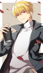 Rule 34 | 1boy, 92 (artist), black jacket, blonde hair, cup, earrings, fate/grand order, fate/stay night, fate (series), gilgamesh (fate), hand in pocket, highres, holding, jacket, jewelry, long sleeves, looking at viewer, male focus, open clothes, open jacket, parted lips, petals, pink background, red eyes, shirt, smile, solo, standing, upper body, white shirt