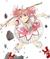 Rule 34 | 10s, bad id, bad pixiv id, bow, choker, cuts, gloves, highres, injury, kaname madoka, ktro, magical girl, mahou shoujo madoka magica, mahou shoujo madoka magica (anime), pink eyes, pink hair, rock, short hair, simple background, solo, twintails, white gloves