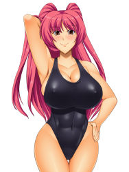 Rule 34 | 1girl, abs, arm up, bare shoulders, breasts, brown eyes, competition swimsuit, hand on own hip, huge breasts, kawanuma uotsuri, kousaka tamaki, large breasts, looking at viewer, one-piece swimsuit, pink hair, simple background, skindentation, smile, solo, standing, swimsuit, thigh gap, to heart (series), to heart 2, white background, wide hips