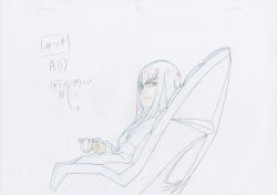 Rule 34 | 10s, 1girl, chair, color trace, cup, highres, key frame, kill la kill, kiryuuin satsuki, official art, production art, sitting, sketch, smile, solo, teacup, trigger (company)