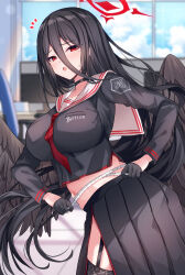 Rule 34 | 1girl, :o, belly, black choker, black garter straps, black gloves, black hair, black serafuku, black thighhighs, black wings, blue archive, blurry, blurry background, breasts, choker, cropped shirt, feathered wings, garter straps, gloves, hair between eyes, halo, hasumi (blue archive), highres, indoors, large breasts, long bangs, long hair, looking at viewer, mi taro333, midriff, mole, mole under eye, navel, neckerchief, notice lines, pleated skirt, red eyes, red halo, red neckerchief, school uniform, serafuku, skirt, solo, stomach, straight hair, sweatdrop, tape measure, thighhighs, very long hair, weight conscious, wings
