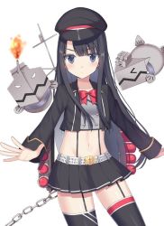 Rule 34 | azur lane, belt, black hair, blue eyes, chain, collarbone, firing, hime cut, izumo neru, jacket, long hair, looking at viewer, midriff, navel, outstretched arms, ribbon, simple background, solo, spread arms, thighhighs, torpedo tubes, white background, z19 hermann kunne (azur lane)