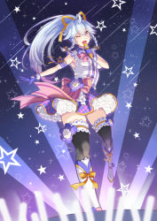 Rule 34 | ;d, ahoge, armband, black legwear, blue gloves, blue hair, boots, bow, braid, breasts, commentary request, flower, flower knight girl, full body, gloves, glowstick, hair ribbon, holding, holding microphone, kusumoto miya, light blue hair, long hair, medium breasts, microphone, one eye closed, open mouth, orange ribbon, pink bow, plaid, plaid skirt, purple eyes, ribbon, side braids, skirt, smile, solo, spotlight, standing, standing on one leg, star (symbol), sumire (flower knight girl), white footwear