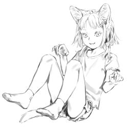 Rule 34 | 1girl, animal ears, bad id, bad twitter id, cat ears, cat tail, fangs, fingernails, full body, greyscale, hair bobbles, hair ornament, hairclip, highres, looking at viewer, monochrome, original, realistic, sharp fingernails, shirt, short hair, short shorts, short sleeves, shorts, simple background, slit pupils, smile, socks, solo, tail, tunapon01, white background