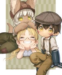 Rule 34 | 1boy, 1girl, 1other, :3, absurdres, blonde hair, brown hair, commentary, ears through headwear, english commentary, closed eyes, facial mark, glasses, grin, hands on own cheeks, hands on own face, highres, horizontal pupils, lying, made in abyss, mechanical arms, nanachi (made in abyss), on stomach, pants, pocketbee, regu (made in abyss), riko (made in abyss), sitting, smile, suspenders, twintails, white hair, yellow eyes