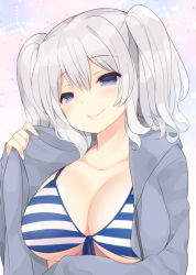 Rule 34 | 10s, 1girl, bikini, bikini under clothes, blue eyes, breasts, kantai collection, kashima (kancolle), large breasts, looking at viewer, silver hair, smile, solo, striped bikini, striped clothes, swimsuit, swimsuit under clothes, tsurime, twintails, underboob, watanon (gakushokutei), wavy hair