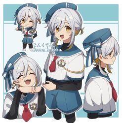Rule 34 | 1boy, artist name, black pantyhose, black shirt, blue hat, blue sailor collar, check gender, closed eyes, closed mouth, cone huraku, facing to the side, grey hair, hat, looking at viewer, male focus, mole, mole under eye, necktie, open mouth, orange eyes, orange hair, original, pantyhose, red necktie, sailor, sailor collar, sailor hat, shirt, short twintails, smile, solo, trap, turtleneck, twintails, twitter username