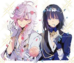 Rule 34 | 2boys, absurdres, anger vein, antenna hair, black hair, blue eyes, blue gloves, blue jacket, braid, clenched teeth, cropped torso, fate/grand order, fate (series), flower, gloves, grin, hair between eyes, hair over shoulder, highres, holding, holding flower, jacket, long sleeves, looking at viewer, looking away, looking to the side, merlin (fate), mouth hold, multiple boys, oberon (fate), oberon (overnight dream) (fate), one eye closed, petals, pink flower, pink rose, purple hair, rose, shirt, signature, simple background, single braid, smile, sofra, sparkle, spoilers, teeth, twitter username, upper body, white background, white shirt