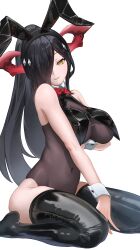 Rule 34 | 1girl, absurdres, alternate costume, animal ears, arm under breasts, azur lane, bare shoulders, black hair, black thighhighs, bow, breasts, collar, commentary request, fake animal ears, friedrich der grosse (azur lane), from side, hair bow, hair over one eye, head tilt, heart, highres, large breasts, leotard, long hair, looking at viewer, mohairu (hhooaann), playboy bunny, ponytail, rabbit ears, sitting, smile, solo, thighhighs, wariza, wrist cuffs, yellow eyes