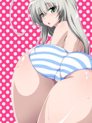 Rule 34 | 1girl, ahoge, ass, bare shoulders, bent over, blue panties, breasts, chance maker, chestnut mouth, green eyes, haiyore! nyaruko-san, highres, huge ahoge, huge ass, large breasts, long hair, nyarlathotep (nyaruko-san), panties, polka dot, polka dot background, silver hair, solo, striped clothes, striped panties, underwear