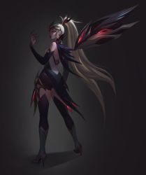 Rule 34 | ass, bare shoulders, black thighhighs, blonde hair, claw ring, closed mouth, detached sleeves, full body, gradient background, grey background, hand up, high heels, highres, kai&#039;sa, league of legends, long hair, looking back, lucy (somewhat irked), ponytail, profile, red eyes, red lips, standing, thighhighs, very long hair