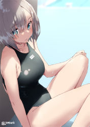 Rule 34 | 1girl, against wall, aqua eyes, bare arms, bare legs, bare shoulders, black one-piece swimsuit, blush, breasts, collarbone, commentary request, competition swimsuit, day, eyes visible through hair, from side, hair over one eye, jonsun, knees up, large breasts, looking at viewer, looking to the side, one-piece swimsuit, original, outdoors, parted lips, poolside, short hair, silver hair, sitting, smile, solo, swimsuit, twitter username, water, wet