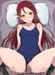 Rule 34 | 1boy, 1girl, absurdres, black socks, blue one-piece swimsuit, blush, breasts, censored, commentary, competition school swimsuit, covered navel, hair ornament, hairclip, hetero, highres, holding legs, kneehighs, long hair, looking at viewer, love live!, love live! sunshine!!, medium breasts, one-piece swimsuit, open mouth, paid reward available, penis, pov, red hair, sakurauchi riko, school swimsuit, sex, socks, solo focus, spread legs, swimsuit, vaginal, wewe, yellow eyes