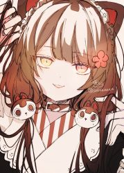 Rule 34 | 1girl, animal ears, arm up, black kimono, brown background, brown collar, brown eyes, brown hair, collar, commentary request, dog ears, dog hair ornament, fangs, hair ornament, hand in own hair, hand up, heterochromia, highres, inui toko, japanese clothes, kimono, long hair, looking at viewer, low twintails, nijisanji, parted lips, red eyes, signature, simple background, smile, sofra, solo, twintails, twitter username, upper body, virtual youtuber