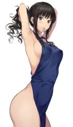 Rule 34 | 1girl, amagami, apron, armpits, arms up, bare arms, bare shoulders, black hair, blue apron, blue eyes, blush, breasts, closed mouth, commentary request, cowboy shot, drill hair, hair tie, looking at viewer, medium breasts, morishima haruka, mouth hold, naked apron, ponytail, serizawa (serizawaroom), sidelocks, simple background, smile, solo, thighs, tying hair, white background
