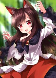 Rule 34 | 1girl, animal ears, bamboo, bamboo forest, blurry, blurry background, blurry foreground, brooch, brown hair, depth of field, dress, forest, gao, highres, imaizumi kagerou, jewelry, long hair, long sleeves, looking at viewer, nature, off-shoulder dress, off shoulder, open mouth, red eyes, ruu (tksymkw), solo, touhou, wide sleeves, wolf ears