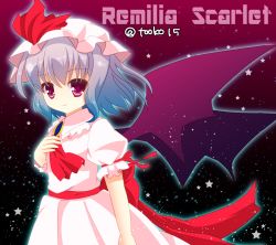 Rule 34 | 1girl, ascot, bat wings, blue hair, bow, character name, gradient background, hat, hat bow, iroha tooko, mob cap, red eyes, remilia scarlet, solo, touhou, twitter username, wings