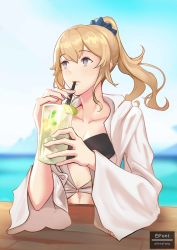 Rule 34 | 1girl, absurdres, bikini, black bikini, black scrunchie, blonde hair, blue eyes, drinking, drinking straw, drinking straw in mouth, female focus, genshin impact, highres, jacket, jean (genshin impact), looking to the side, navel, open clothes, open jacket, ponytail, scrunchie, shiro font, solo, swimsuit, white jacket, wide sleeves