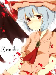 Rule 34 | 1girl, bad id, bad pixiv id, character name, female focus, grey hair, hat, mono (recall), petals, red eyes, remilia scarlet, solo, tears, touhou, white background