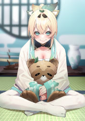 Rule 34 | 1girl, animal, animal hug, animal on lap, blonde hair, blue eyes, blush, breasts, cleavage, closed mouth, commentary request, artistic error, hair between eyes, hair ribbon, haori, highres, hololive, indian style, indoors, japanese clothes, kazama iroha, leaf, long sleeves, looking at viewer, medium breasts, mikan (chipstar182), no shoes, on lap, pantyhose, pokobee, ribbon, sitting, smile, solo, tabi, virtual youtuber, white pantyhose, wrong foot