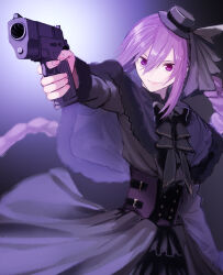 1girl aiming apron black_corset black_dress bow braid corset cz_75 dress frilled_apron frilled_dress frills gun hair_ribbon handgun hat highres hinomoto_madoka holding holding_gun holding_weapon long_hair looking_at_viewer melty_blood purple_eyes purple_hair ribbon sion_eltnam_atlasia smile solo tsukihime very_long_hair weapon