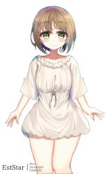 Rule 34 | 1girl, aties20, blush, brown hair, closed mouth, collarbone, commentary request, dress, feet out of frame, frilled dress, frills, green eyes, highres, long hair, looking at viewer, original, simple background, smile, solo, standing, white background, white dress