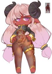 Rule 34 | 1girl, absurdres, black jacket, borrowed character, breasts, colored skin, commentary, cropped jacket, curled horns, female focus, hair intakes, hair rings, highres, horns, jacket, long hair, looking at viewer, low-tied long hair, medium breasts, nn (eogks), original, pink eyes, pink hair, red skin, reference inset, simple background, solo, thighlet, toeless bodysuit, twintails, underboob, very long hair, white background