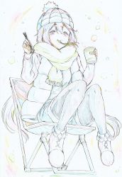 Rule 34 | 1girl, absurdres, bobblehat, chair, chopsticks, closed eyes, closed mouth, coat, color trace, colored pencil (medium), cup, eating, facing viewer, folding chair, highres, holding, holding chopsticks, holding cup, kagamihara nadeshiko, kitazinger, long hair, long sleeves, nissin cup noodle, open clothes, open coat, pantyhose, pantyhose under shorts, shoes, shorts, simple background, sitting, smile, solo, traditional media, yurucamp