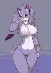 Rule 34 | 1girl, alternate form, animal ears, armlet, bracelet, breasts, cat ears, cat girl, cat tail, claws, colored sclera, earrings, fangs, furry, highres, isabella (seiken densetsu 3), jewelry, navel, necklace, nipples, no pussy, open mouth, purple fur, purple hair, red sclera, ring, seiken densetsu, seiken densetsu 3, slit pupils, starfighter (artist), tail