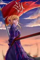 Rule 34 | 1girl, armor, armored dress, artoria pendragon (all), artoria pendragon (fate), bad id, bad pixiv id, banner, blonde hair, blue sky, braid, braided bun, cloud, day, dress, excalibur morgan (fate), fate/stay night, fate (series), floating hair, from below, geduan, hair bun, highres, holding, holding sword, holding weapon, long dress, looking at viewer, outdoors, purple dress, saber alter, short hair with long locks, sidelocks, sky, slit pupils, solo, standing, sword, weapon, yellow eyes