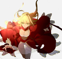 Rule 34 | 1girl, ahoge, akamakoto, blonde hair, breasts, cleavage, cleavage cutout, clothing cutout, dress, fate/extra, fate (series), green eyes, hair between eyes, hair intakes, highres, long hair, looking at viewer, medium breasts, nero claudius (fate), nero claudius (fate) (all), nero claudius (fate/extra), outstretched arm, red dress, solo, thighs
