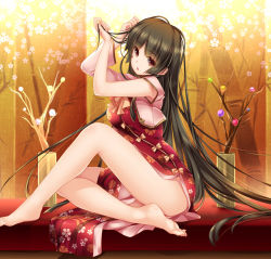 Rule 34 | 1girl, adapted costume, bare legs, barefoot, blush, branch, china dress, chinese clothes, convenient censoring, dress, female focus, gradient background, houraisan kaguya, jeweled branch of hourai, legs, long hair, looking at viewer, monety, open mouth, pelvic curtain, red eyes, solo, touhou, very long hair