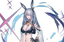 Rule 34 | 1girl, animal ears, arknights, bare shoulders, bikini, black bikini, black choker, black gloves, blue eyes, breasts, choker, cleavage, detached sleeves, echj, front-tie bikini top, front-tie top, frostnova (arknights), gloves, hair ornament, hair over one eye, hand on own hip, long hair, long sleeves, looking at viewer, material growth, medium breasts, navel, open mouth, oripathy lesion (arknights), pouch, rabbit ears, scar, silver hair, simple background, smile, solo, stomach, strap, swimsuit, upper body, white background