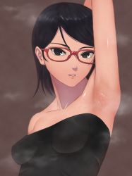 Rule 34 | 1girl, absurdres, arm up, armpit lips, armpits, bad id, bad pixiv id, bare shoulders, black dress, black eyes, black hair, boruto: naruto next generations, breasts, brown background, collarbone, commentary, dress, glasses, hair between eyes, highres, looking at viewer, messy hair, mil k vanilla, naruto, naruto (series), parted lips, presenting armpit, red-framed eyewear, short hair, simple background, sleeveless, sleeveless dress, small breasts, solo, strapless, strapless dress, sweat, uchiha sarada, very sweaty
