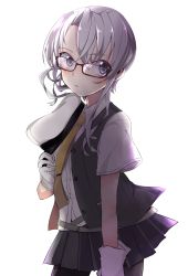 Rule 34 | 10s, 1girl, backlighting, bespectacled, blush, glasses, gloves, grey eyes, hat, highres, holding, holding clothes, holding hat, kantai collection, long hair, looking at viewer, miniskirt, necktie, nowaki (kancolle), oomori (kswmr), pleated skirt, school uniform, silver hair, simple background, skirt, solo, uniform, unworn hat, unworn headwear, white background, white gloves, yellow necktie