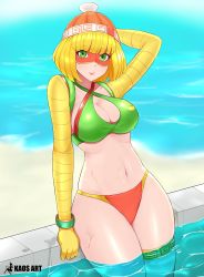 Rule 34 | 1girl, absurdres, arms (game), beach, beanie, bikini, blonde hair, blue eyes, blunt bangs, breasts, domino mask, facepaint, green eyes, hat, highres, kaos art, knit hat, looking at viewer, mask, min min (arms), nintendo, short hair, solo, super smash bros., swimsuit, thighs, water, wide hips