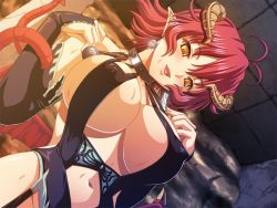 Rule 34 | 10s, 1girl, blush, breasts, covered erect nipples, demon girl, demon tail, demon wings, game cg, horns, huge breasts, kyonyuu fantasy, official art, pointy ears, pov, red hair, shamsiel shahar, short hair, solo, sweat, tail, wings
