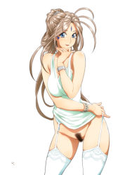 Rule 34 | 1girl, aa megami-sama, belldandy, blue eyes, bottomless, bracelet, brown hair, cowboy shot, cross, cross earrings, earrings, facial mark, female pubic hair, forehead mark, garter belt, garter straps, hand on own chin, highres, jewelry, joy division, lace, lace-trimmed legwear, lace trim, lipstick, long hair, looking at viewer, makeup, nail polish, pubic hair, ring, simple background, smile, solo, strap pull, thighhighs, white background, white thighhighs