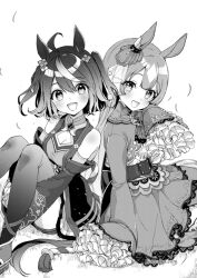 Rule 34 | 2girls, :d, animal ears, bare shoulders, breasts, cleavage, cleavage cutout, clothing cutout, commentary request, cropped jacket, detached sleeves, feet out of frame, greyscale, hair between eyes, horse ears, horse girl, horse tail, kitasan black (umamusume), koruri, long sleeves, medium breasts, monochrome, multicolored hair, multiple girls, open mouth, satono diamond (umamusume), shirt, simple background, skirt, sleeves past fingers, sleeves past wrists, smile, streaked hair, tail, two-tone hair, two side up, umamusume, watermark, web address, white background