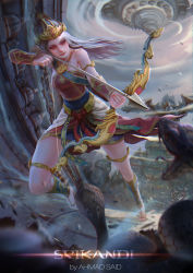 Rule 34 | 1girl, ahmad said, aiming, armlet, arrow (projectile), artist name, bare shoulders, belt, blurry, bow (weapon), character name, cobra (animal), crown, depth of field, dress, full body, grey hair, hair ornament, highres, jewelry, unworn jewelry, long hair, necklace, unworn necklace, quiver, realistic, red eyes, running, sandals, shin guards, solo, srikandi, strapless, strapless dress, temple, thigh strap, vambraces, weapon