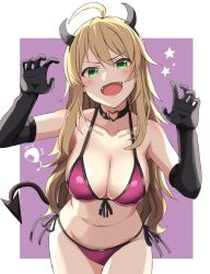 Rule 34 | 1girl, absurdres, ahoge, bikini, black choker, black gloves, blonde hair, blush, breasts, choker, claw pose, cleavage, commentary, cowboy shot, demon horns, demon tail, elbow gloves, fangs, front-tie bikini top, front-tie top, gloves, green eyes, half-closed eyes, haruki (haruki678), heart, heart choker, highres, horns, hoshii miki, idolmaster, idolmaster (classic), large breasts, long hair, looking at viewer, navel, open mouth, outside border, purple background, purple bikini, side-tie bikini bottom, smile, solo, standing, star (symbol), swimsuit, tail