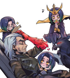 Rule 34 | 1boy, 3girls, armor, beatrice (league of legends), belt, bespectacled, bird, black cape, black thighhighs, blue background, blush, breastplate, brown belt, candy, cape, colored skin, crow, food, glasses, happy, heart, holding, holding candy, holding food, holding lollipop, holding paper, holding pen, league of legends, leblanc (league of legends), lollipop, looking at another, medium hair, multiple girls, multiple persona, musical note, orange eyes, paper, pen, phantom ix row, purple hair, red skin, round eyewear, simple background, sitting, smile, sparkle, swain (league of legends), thighhighs, white background, yellow eyes